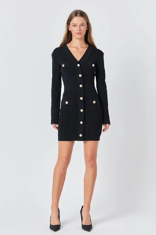 Endless Rose - V-neck Long Sleeve Knit Mini Dress Classic Floral Print Mini Dress