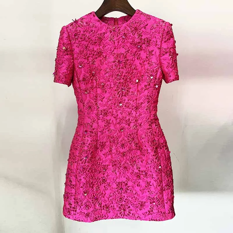 Women Luxury Hand Made 3D Flowers Embroidery Short Mini Dress Hot Pink Elegant Lace-Up Mini Dress Women Luxury Hand Made 3D Flowers Embroidery Short Mini Dress Hot Pink Elegant Lace-Up Mini Dress