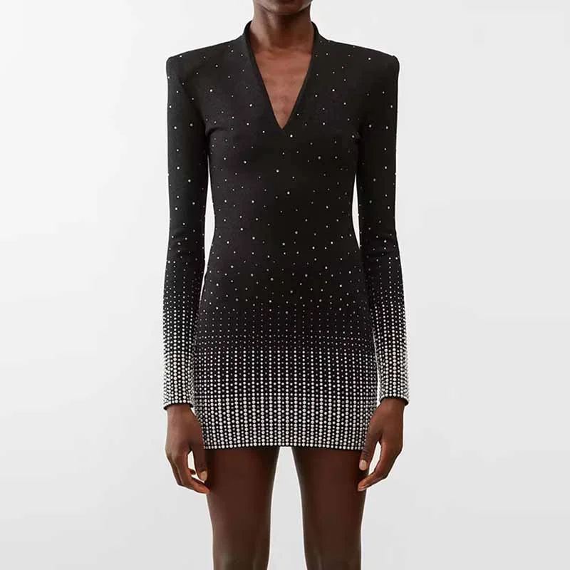 Women Rhinestone Bling Bling V Neck Knitwear heat-melting Long Jumper / Mini Dress Black , Birthday Party, Evening Out Dress Comfortable Polka Dot Mini Dress Women Rhinestone Bling Bling V Neck Knitwear heat-melting Long Jumper / Mini Dress Black , Birthday Party, Evening Out Dress Comfortable Polka Dot Mini Dress