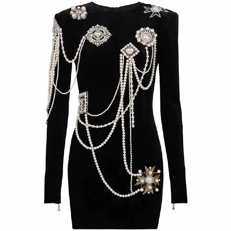 Women's Black Studded Mini Dress Elegant Satin Lace Mini Dress