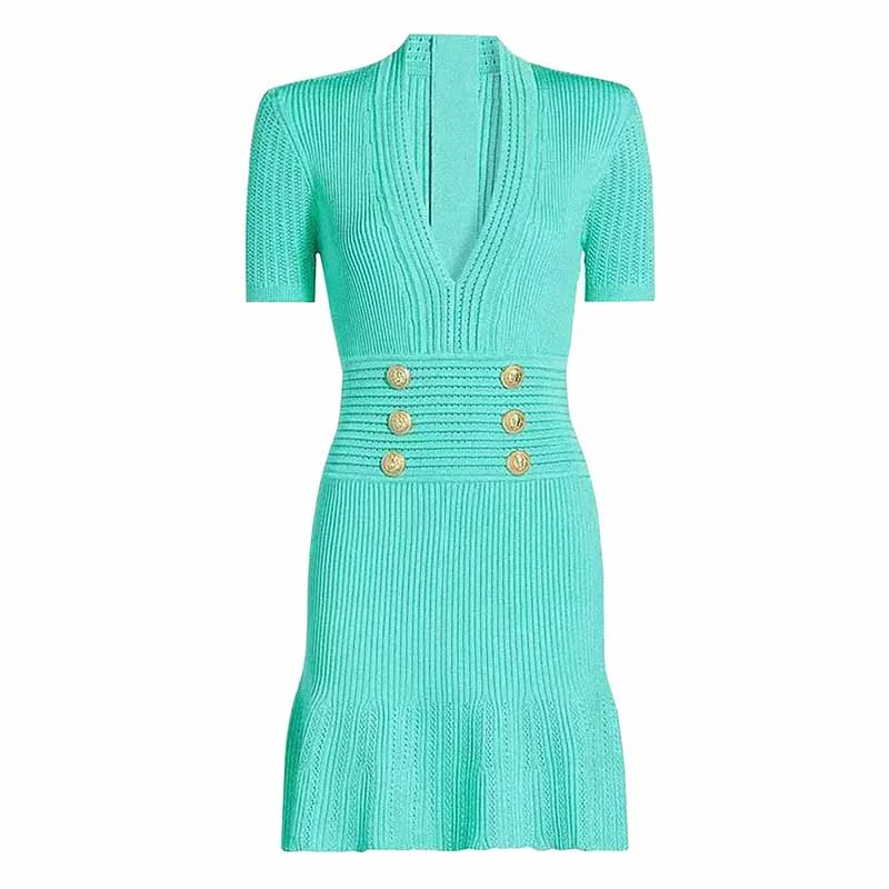 Women's Button-embellished Knitted Dress V-neck Mini Dress in Turquoise Fashionable Lace-Trim Mini Dress Women's Button-embellished Knitted Dress V-neck Mini Dress in Turquoise Fashionable Lace-Trim Mini Dress