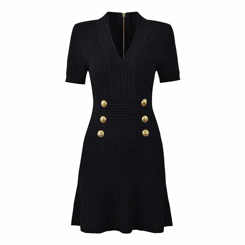 Women's Button-embellished Knitted Dress V-neck Mini Dress in Black Modern Satin Mini Dress Women's Button-embellished Knitted Dress V-neck Mini Dress in Black Modern Satin Mini Dress
