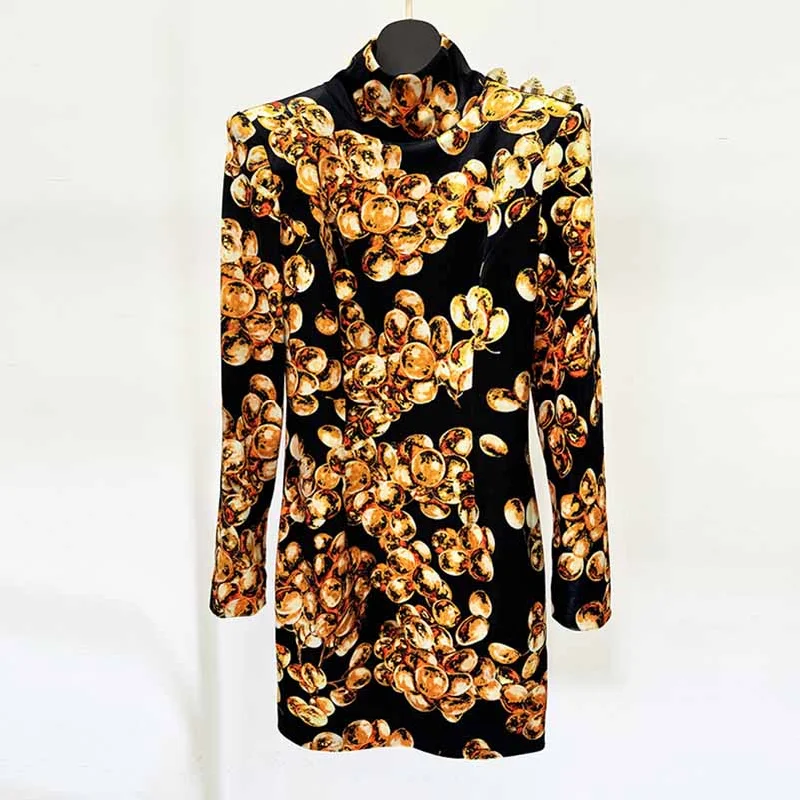 Women's Mini Dress Short Velvet Dress With Gold Grape Print Stylish Summer Mini Dress Women's Mini Dress Short Velvet Dress With Gold Grape Print Stylish Summer Mini Dress