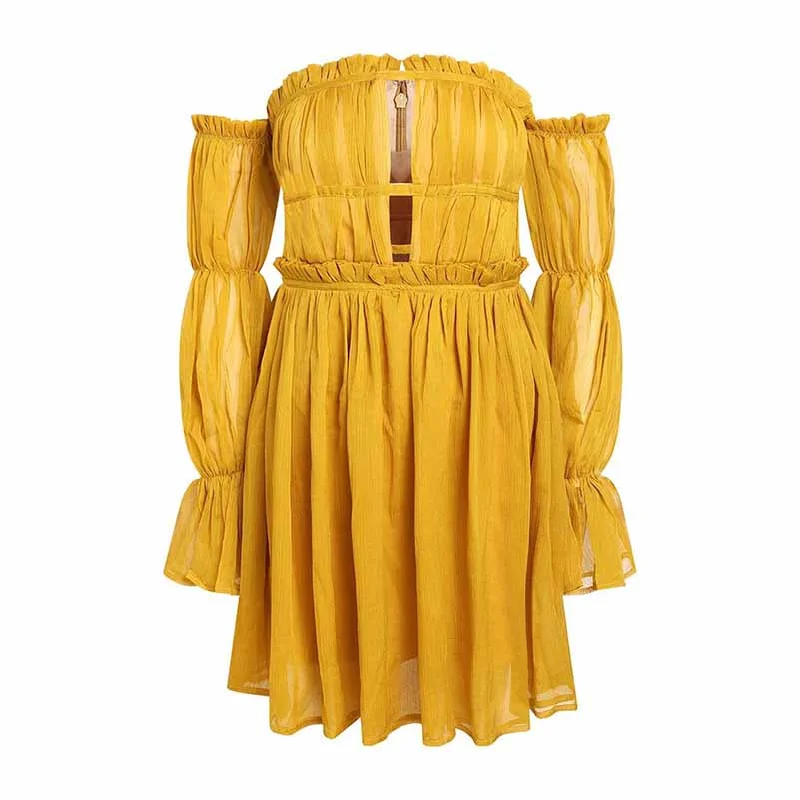 Women's Off-shoulder Mini Dress Yellow Long-Sleeved Ruffled Dress Elegant Sequin Mini Dress Women's Off-shoulder Mini Dress Yellow Long-Sleeved Ruffled Dress Elegant Sequin Mini Dress