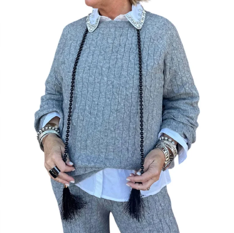 Dabble Cable Knit Sweater In Grey Satin Blend Silk Blend Wool Blend