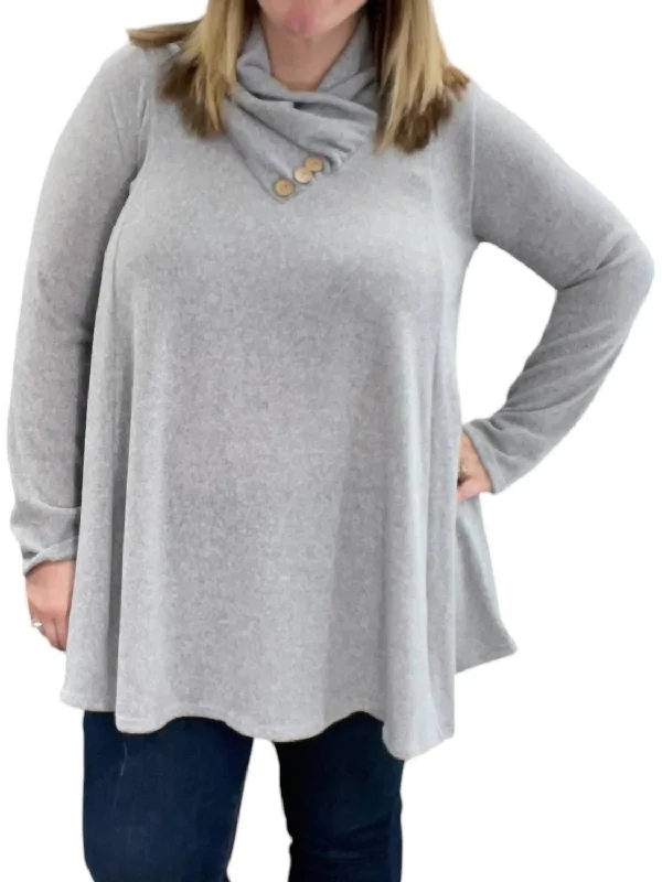 Faux Cowl Neck Sweater In Heathered Gray Zippered Front Buttoned Front Snap Front