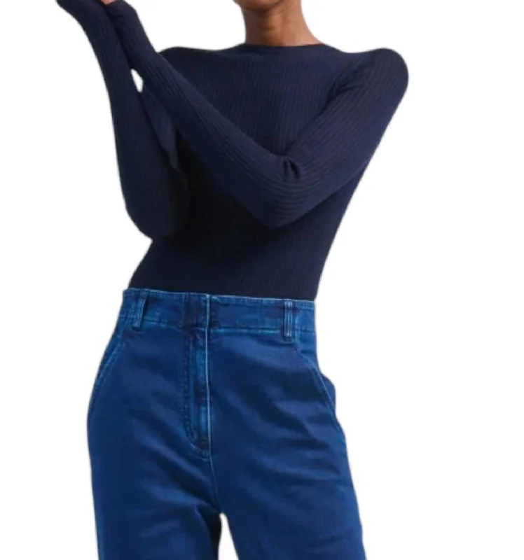 Feather Weight Ribbed Sweater In Navy Solid Color Striped Floral Print