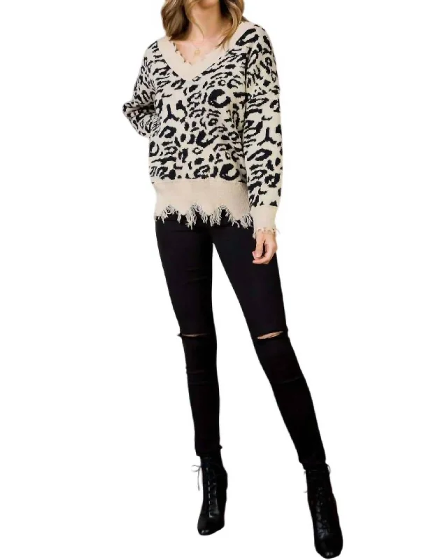 Frayed Leopard Sweater In Multi Chenille Fabric Brocade Fabric Lace Fabric