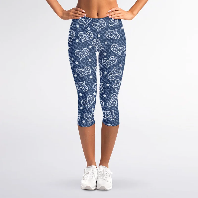 Heart And Star Denim Jeans Pattern Print Women's Capri Leggings Trendy Acid Wash Skinny Jeans Heart And Star Denim Jeans Pattern Print Women's Capri Leggings Trendy Acid Wash Skinny Jeans