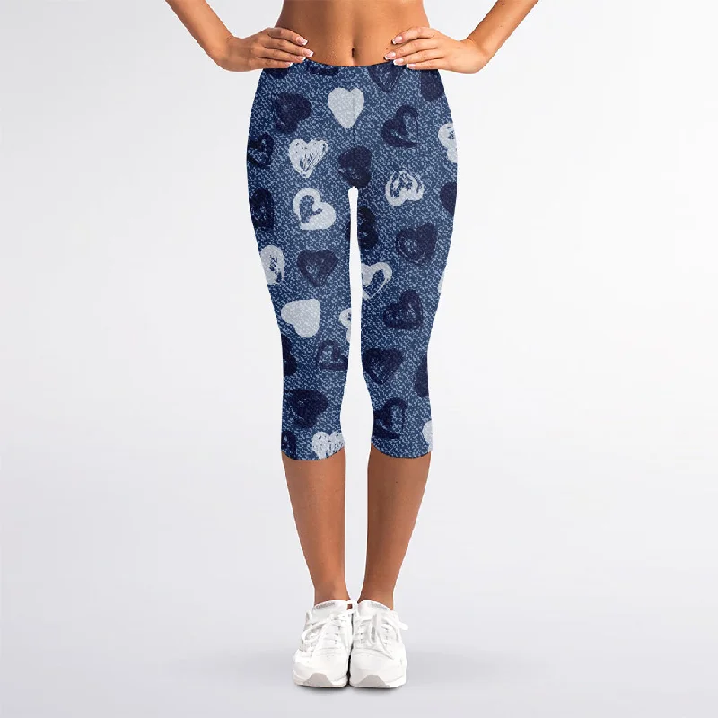 Heart Denim Jeans Pattern Print Women's Capri Leggings Stylish Stone-Wash Denim Jeans Heart Denim Jeans Pattern Print Women's Capri Leggings Stylish Stone-Wash Denim Jeans