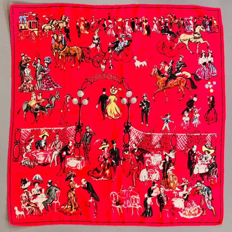 HERMES 1961 Jean-Louis Clerc -Armenonville- Red Black Figures Silk Scarf Fashionable Vintage Wash Jeans HERMES 1961 Jean-Louis Clerc -Armenonville- Red Black Figures Silk Scarf Fashionable Vintage Wash Jeans