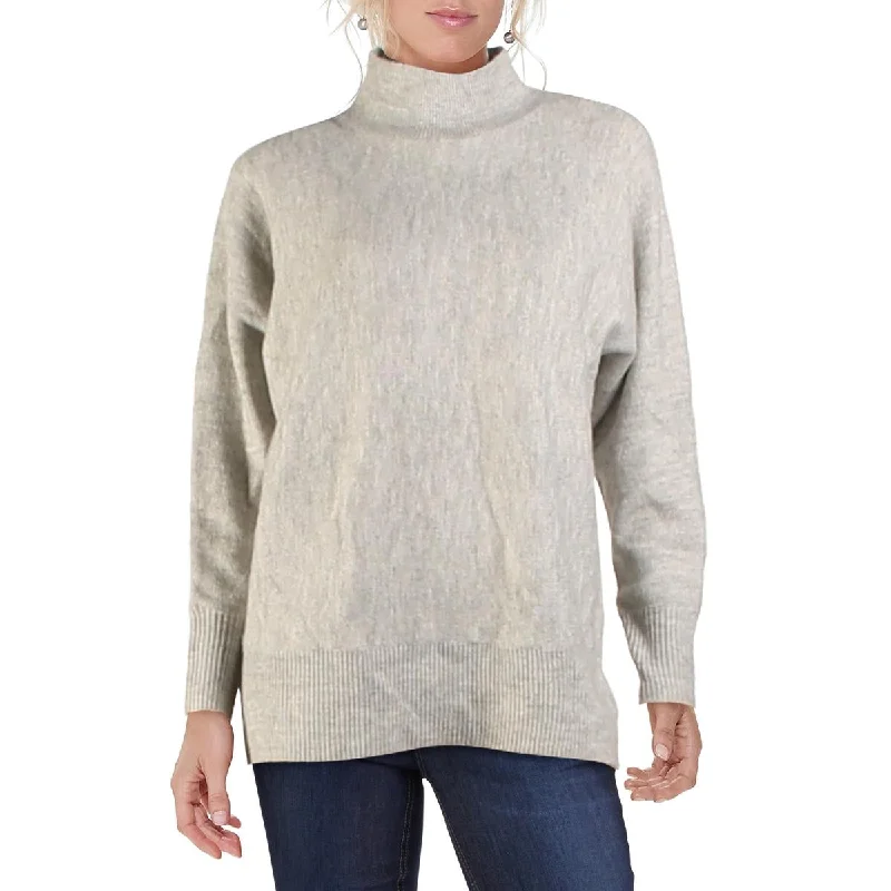 Lehi Womens Heathered Dolman Sleeve Turtleneck Sweater Mesh Blend Leather Blend Suede Blend