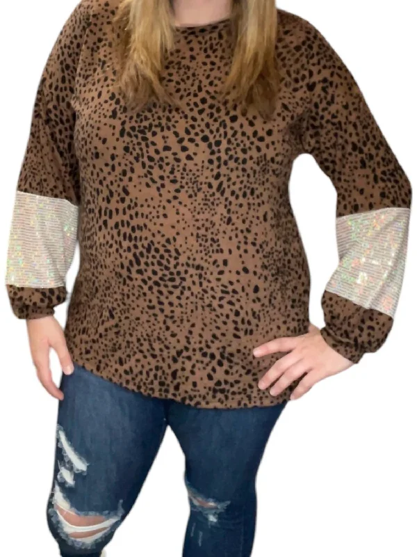 Leopard Sequin Sleeve Sweater In Brown Boat Neck Shawl Collar Notched Collar