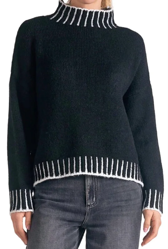 Mock Neck Pullover Sweater In Black/white Anti-Pilling Anti-Shrink Durable