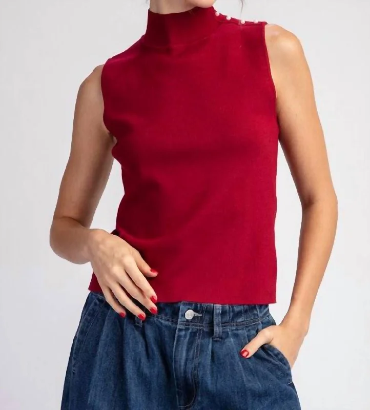 Mock Neck Sleeveless Sweater Top In Cherry Red Chenille Blend Fleece Blend Nylon Blend