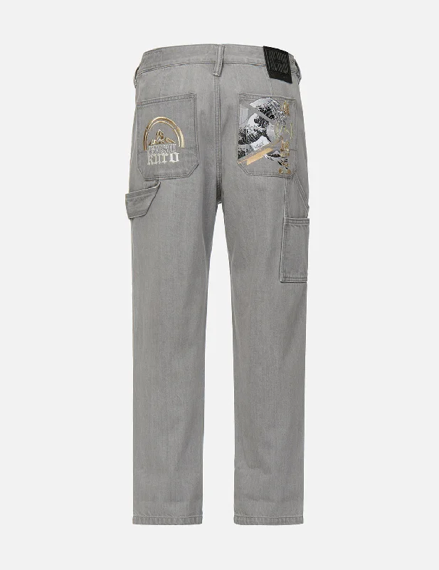 Ukiyo-E and Sashiko Embroidered Straight Fit Worker Jeans Trendy Pleated Waist Jeans Ukiyo-E and Sashiko Embroidered Straight Fit Worker Jeans Trendy Pleated Waist Jeans