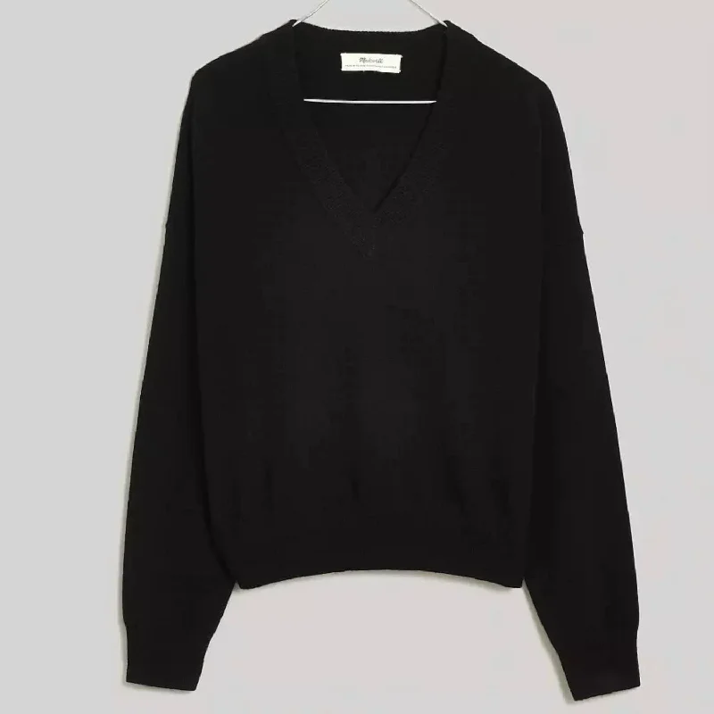 Women's (Re)Sponsible Cashmere V-Neck Sweater In Black Solid Color Striped Floral Print