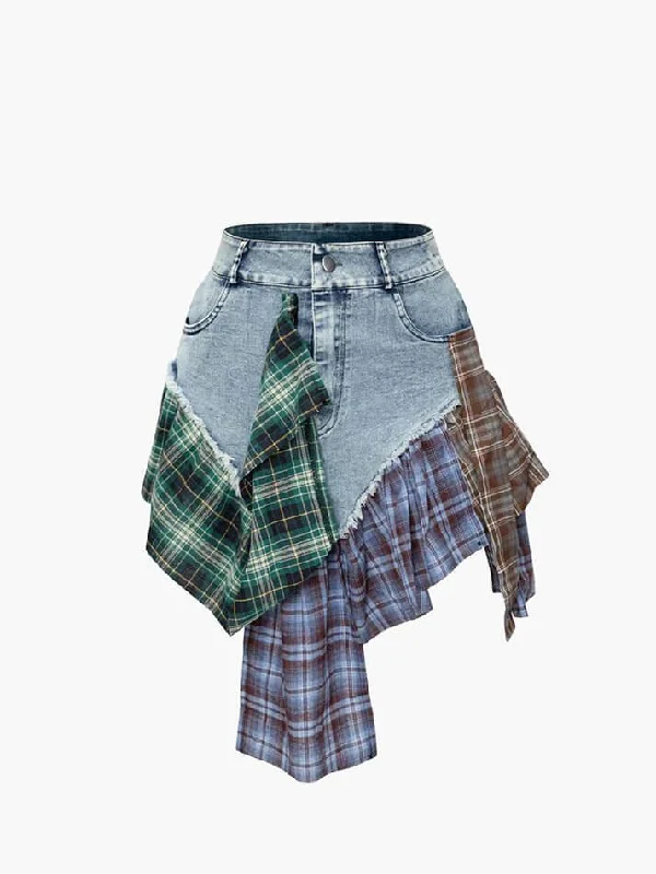Asymmetric Patchwork Denim Mini Skirt denim skirt casual