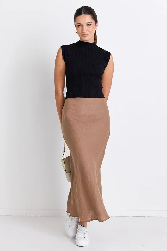 Bliss Mushroom Linen Bias Midi Skirt relaxed fit skirt