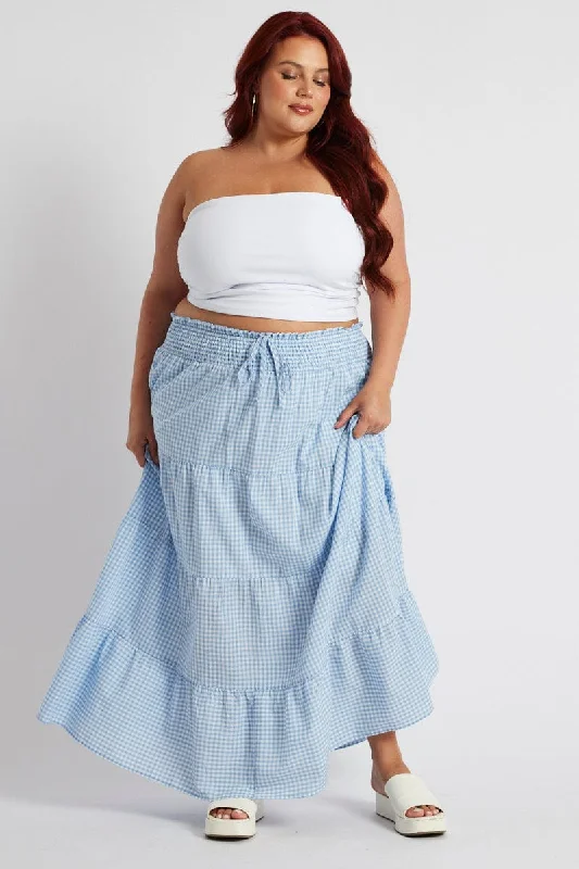 Blue Check Maxiskirt Tiered Gingham silk skirt elegant