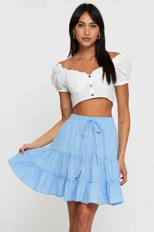 Blue Elastic Waist Frill Hem Skater Skirt leather skirt sleek