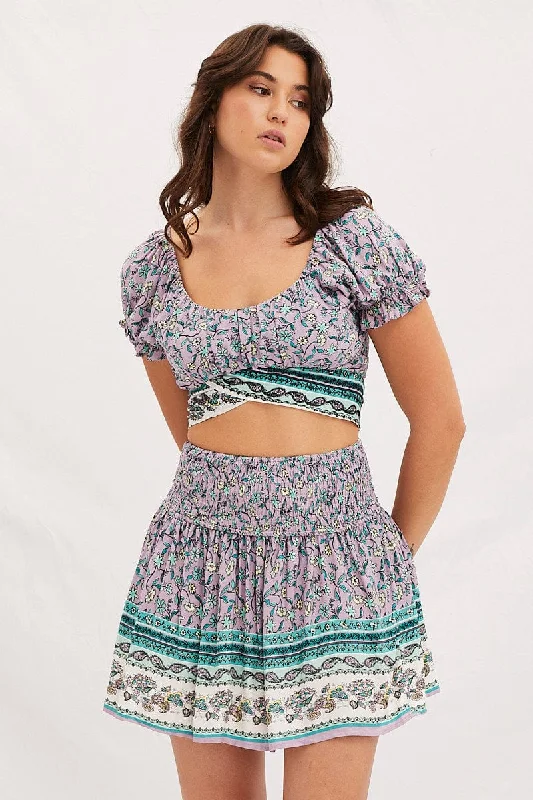 Boho Print Shirred Waist Boho Mini Skater Skirt corduroy skirt cozy