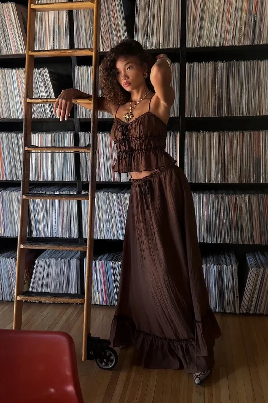 Dahlia Brown Maxi Skirt velvet skirt luxurious
