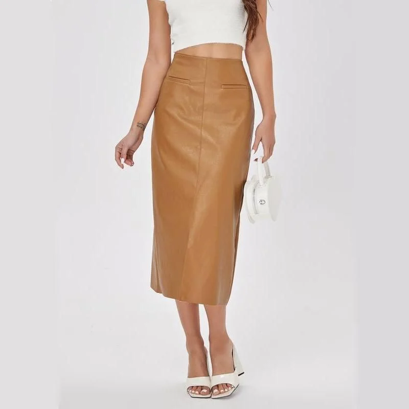 Elegant High-Waist Faux Leather Straight Skirt mini skirt trendy