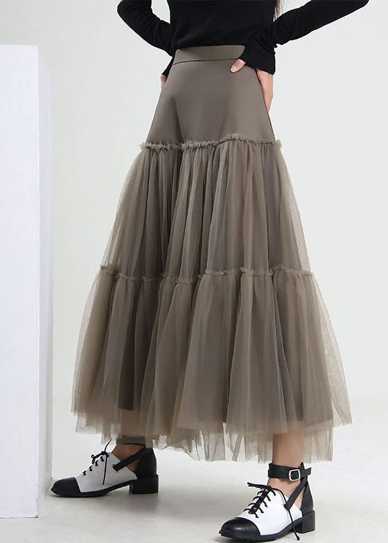 Handmade Grey Green Patchwork Tulle pleated skirt Spring cashmere skirt fine