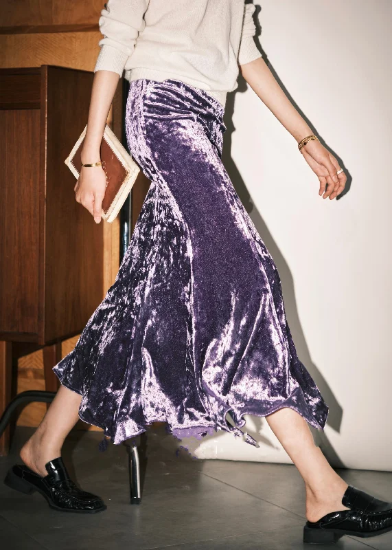 Loose Purple Solid High Waist Silk Velvet Skirts Spring floral skirt print