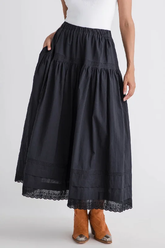 Mable Tiered Pintuck Eyelet Lace Trimmed Midi Skirt asymmetrical skirt cut