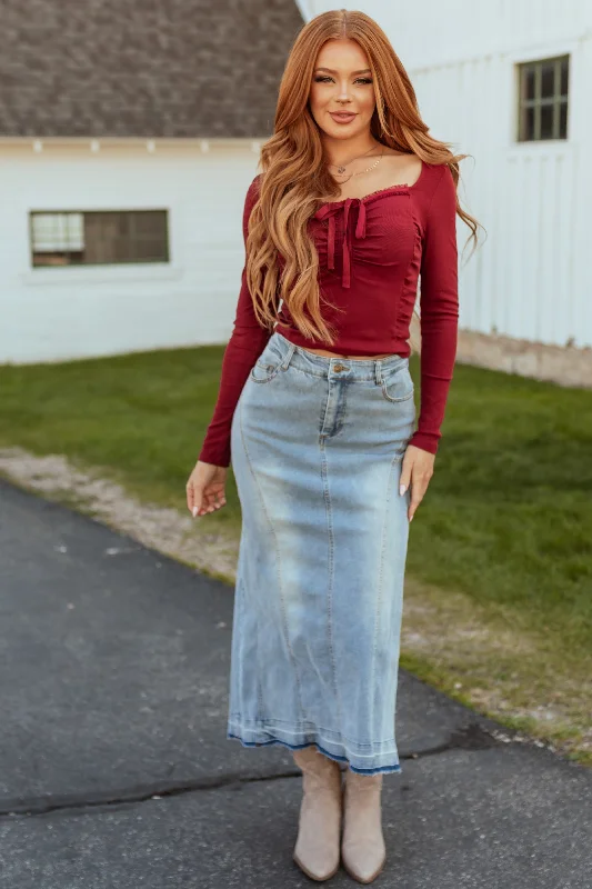 Medium Wash Denim High Low Maxi Skirt zip skirt side
