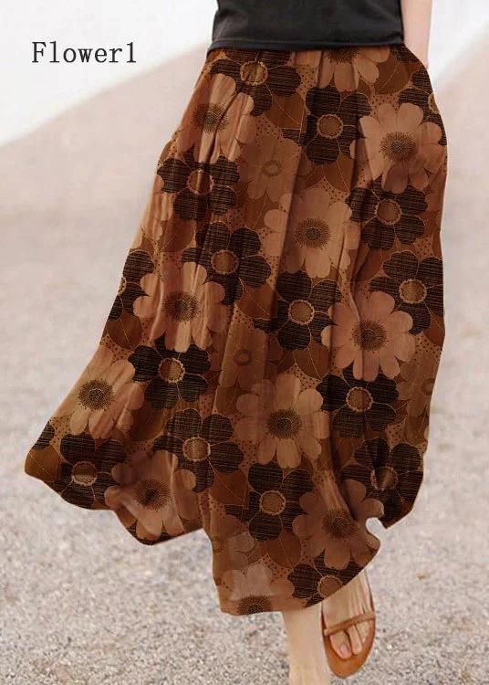 Retro Chocolate-Flower1 Print Pockets Linen Skirt Summer wool skirt breathable