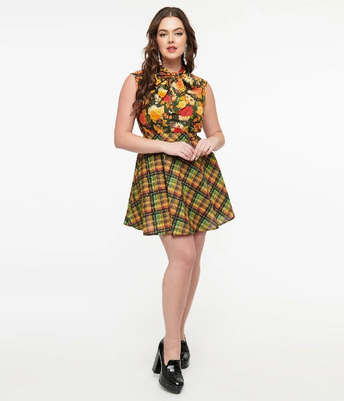 Retrolicious 1950s Autumn Tartan Skater Skirt floral skirt print