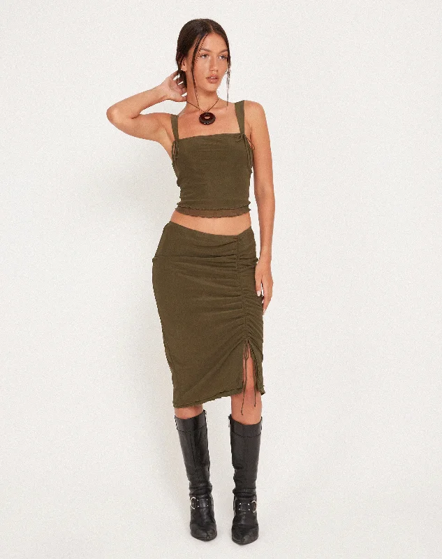 Tya Midi Skirt in Mesh Dark Olive cashmere skirt soft