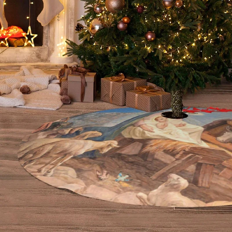 Vintage Retro Christmas Nativity Scene Tree Skirt Carpet Mat for Xmas Halloween Decorations - 36 Inch a-line skirt cut