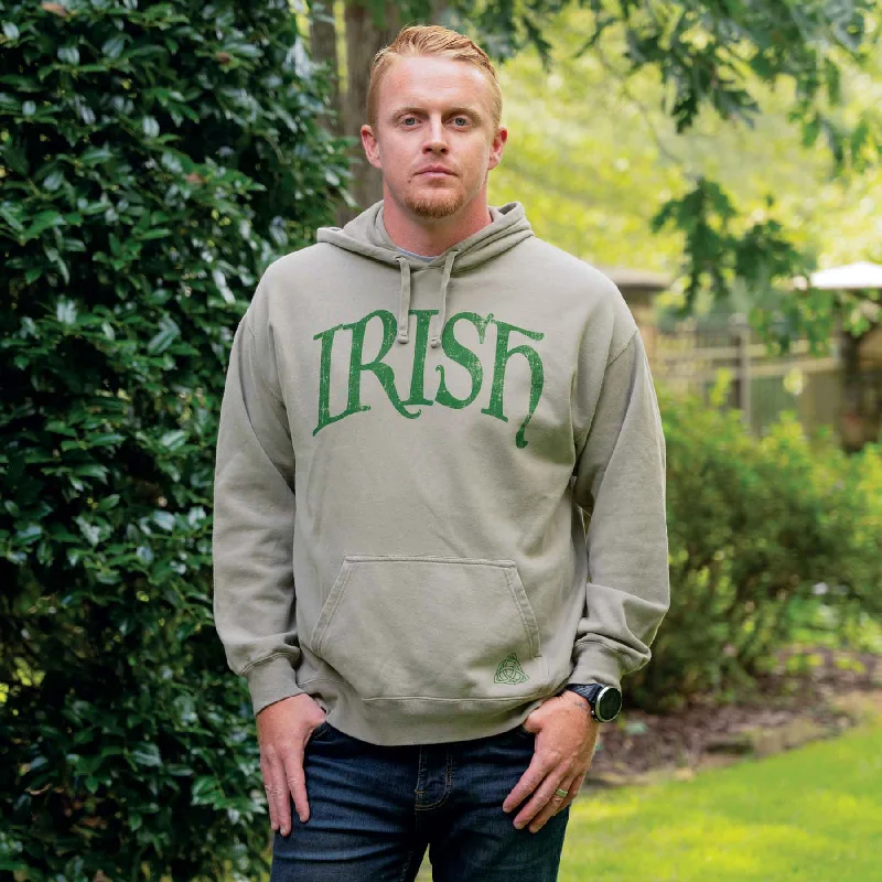Irish Comfortwash Hoodie with Trinity on Pocket, Grey Hoodie with Stripes Bold Sporty Irish Comfortwash Hoodie with Trinity on Pocket, Grey Hoodie with Stripes Bold Sporty