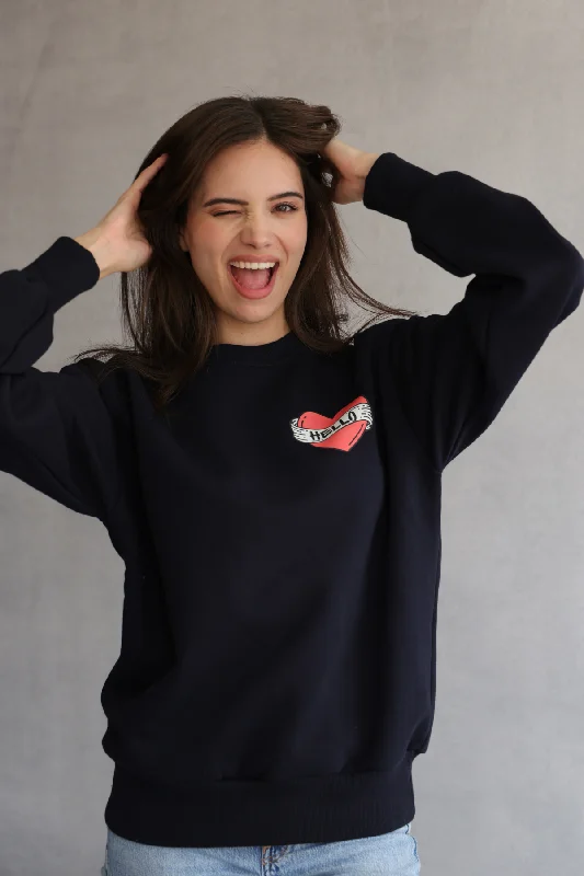 Hello Heart Navy Sweatshirt Hoodie with Oversized Fit Loose Comfortable