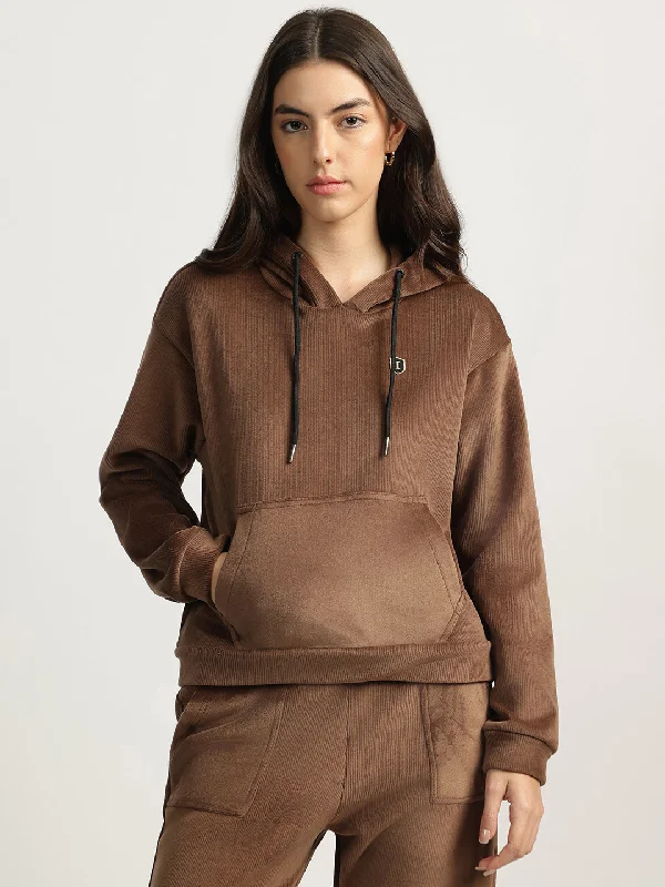 Iconic Women Brown Solid Round Neck Full Sleeves Sweatshirt Hoodie with Sequins Glamorous Eye-catching Iconic Women Brown Solid Round Neck Full Sleeves Sweatshirt Hoodie with Sequins Glamorous Eye-catching