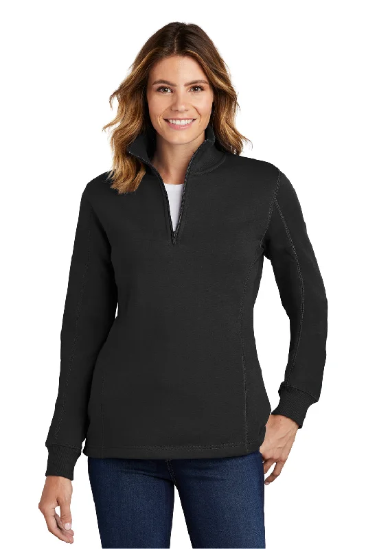 Sport-Tek Womens Shrink Resistant Fleece 1/4 Zip Sweatshirt - Black Hoodie with Tied Waist Feminine Flattering Sport-Tek Womens Shrink Resistant Fleece 1/4 Zip Sweatshirt - Black Hoodie with Tied Waist Feminine Flattering