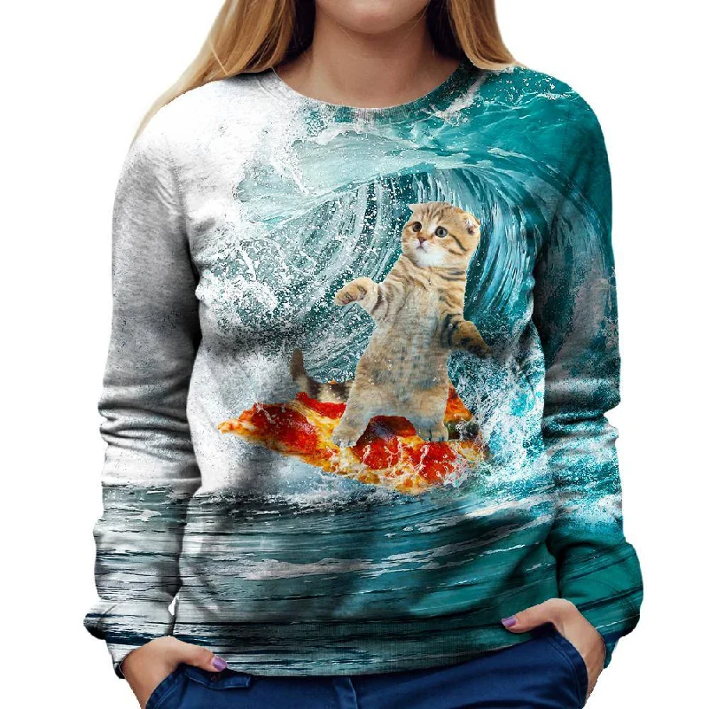 Surfing Kitty Womens Sweatshirt Hoodie with Applique Textured Unique