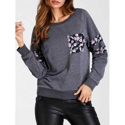 Floral Print Patched Pocket Sweatshirt - Gray M Hoodie with Hidden Zipper Minimalist Clean Floral Print Patched Pocket Sweatshirt - Gray M Hoodie with Hidden Zipper Minimalist Clean