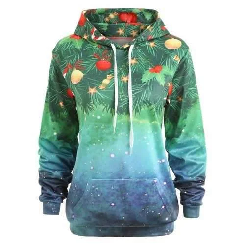 Christmas Printed Tunic Hoodie - Green One Size Graphic Hoodie Design Print